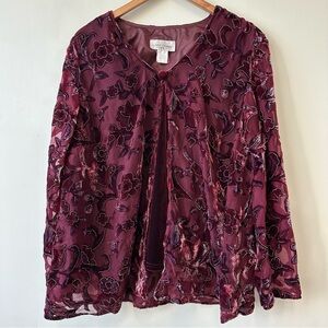 Whimsigoth Velvet Burnout Burgundy Floral Blouse